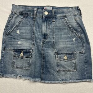 SO‎ Jean Skirt Blue Denim Pockets Raw Hem Mini Medium Wash Casual Womens 7/28W
